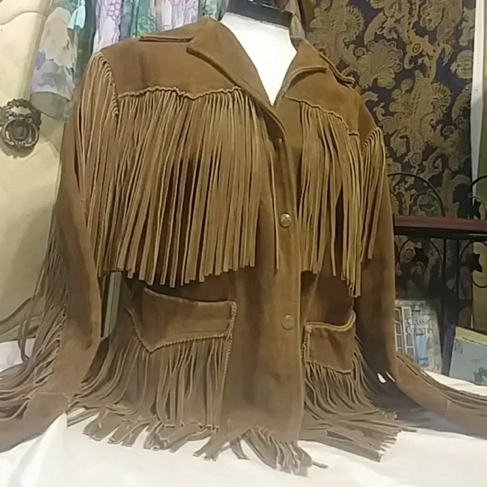 Old Ranchers Fringe Leather COAT Sz 16 Jacket TREGOS WESTWEAR Lined Interior - Picture 2 of 8